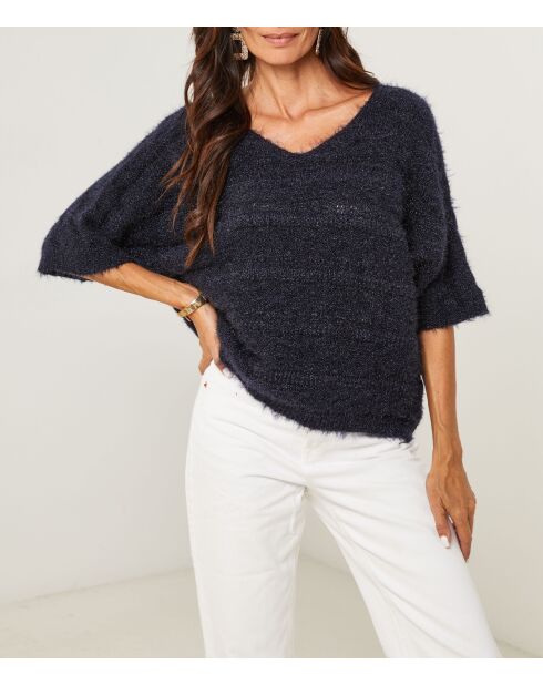 Pull mi manche col V ajouré Iris bleu marine