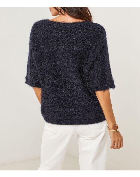 Pull mi manche col V ajouré Iris bleu marine