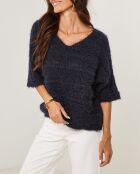 Iris marineblauer Pullover mit durchbrochenem V-Ausschnitt und mittleren Ärmeln