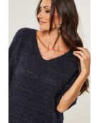Iris marineblauer Pullover mit durchbrochenem V-Ausschnitt und mittleren Ärmeln