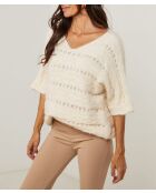 Pull mi manche col V ajouré Inès beige