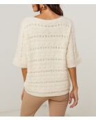 Pull mi manche col V ajouré Inès beige