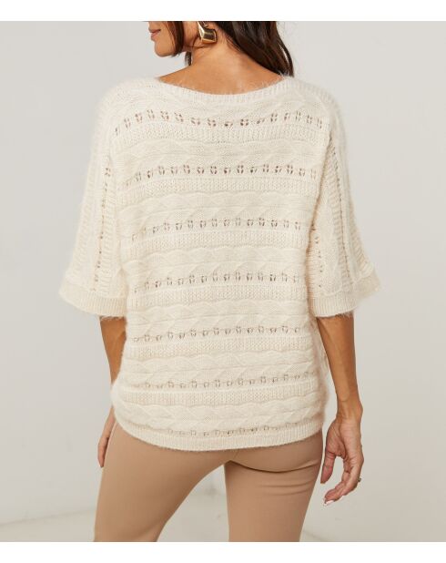 Pull mi manche col V ajouré Inès beige