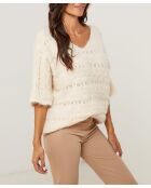 Pull mi manche col V ajouré Inès beige
