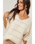 Pull mi manche col V ajouré Inès beige