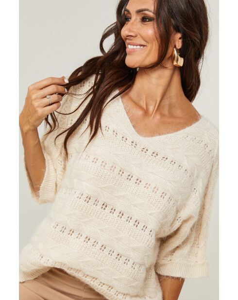 Pull mi manche col V ajouré Inès beige
