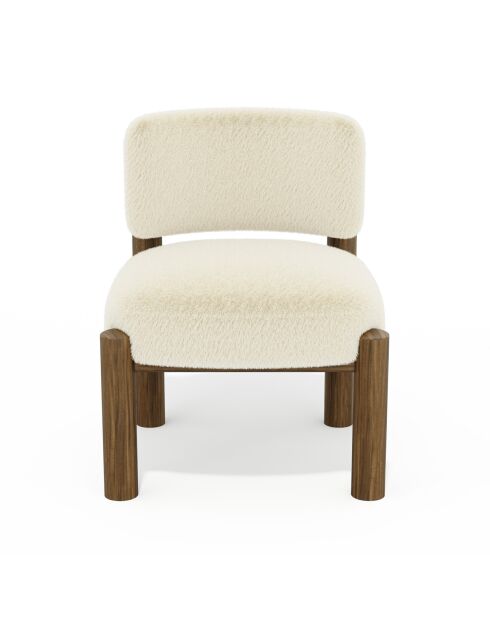 Fauteuil TOM fausse fourrure crème et pieds noyer