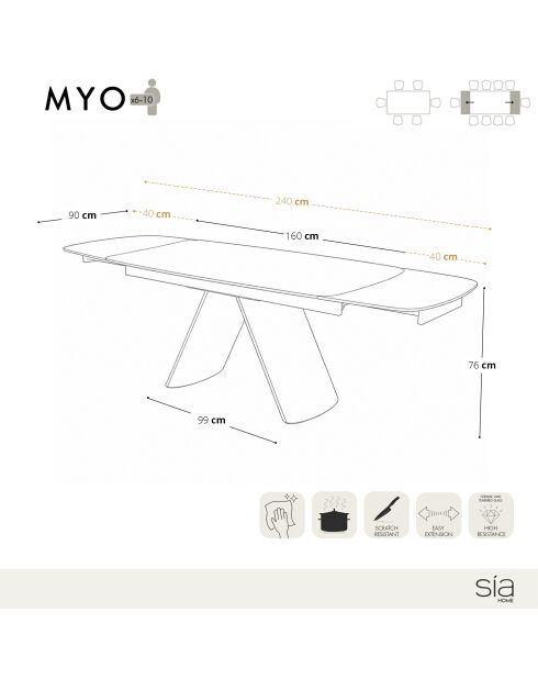 Table à manger extensible MYO Céramique noire et pieds noirs - 160/240cm