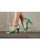 Lilith leren broek in groen en goud - Hak 8cm