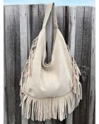 Bolso Tulsa de piel con flecos beige - 37 x 45 cm