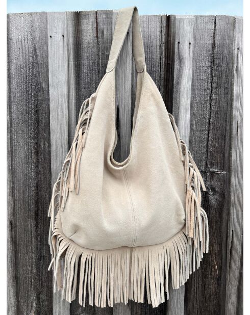 Bolso Tulsa de piel con flecos beige - 37 x 45 cm