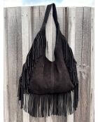 Sac à franges en cuir Tulsa noir - 37 x 45 cm