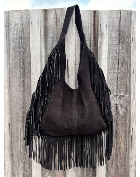 Bolso Tulsa de piel negra con flecos - 37 x 45 cm