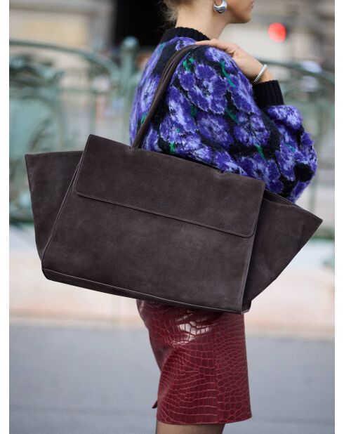 Sac cabas en cuir velours Midnight City Lights marron foncé - 55x12 cm