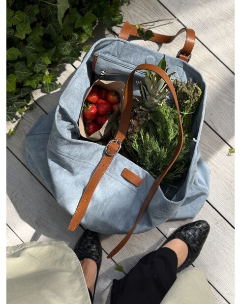 Borsa Big City Life in pelle ed ecopelle celeste - 52x13 cm