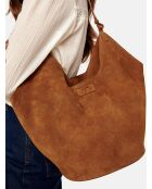 Sac porté épaule en cuir velours Wish You Were Mine cognac - 51x25 cm