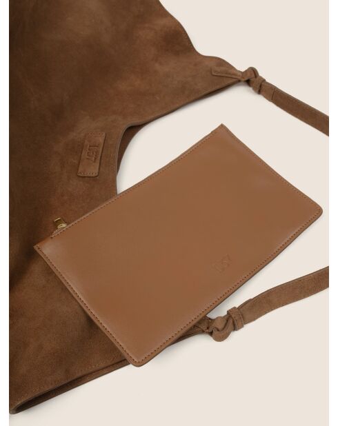 Sac porté épaule en cuir velours Wish You Were Mine cognac - 51x25 cm