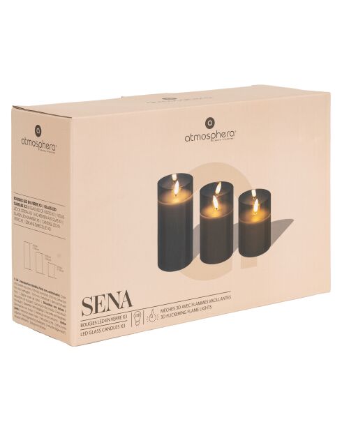 Coffret 3 bougies led en verre Sena noires - 24.5x8.5x16.5 cm