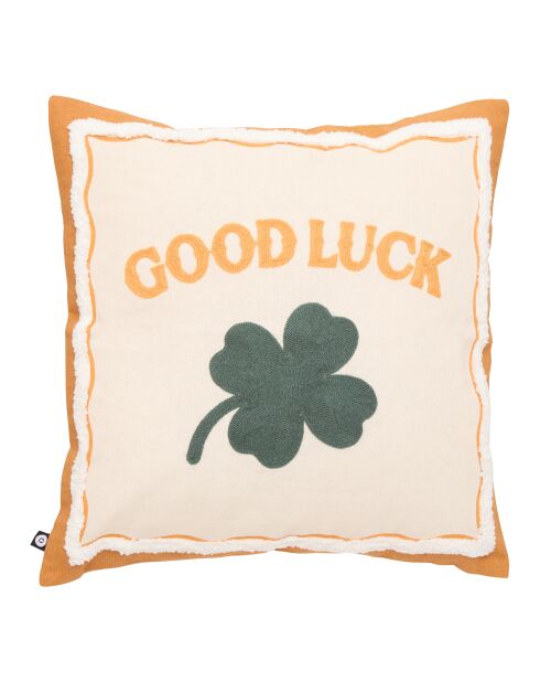 Lot de 2 coussins en coton brodés Good Luck écru/vert - 40x40 cm