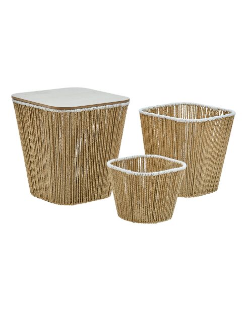 Lot de 3 table à café + 2paniers Banjo beige - 37 x 37 x 40 cm