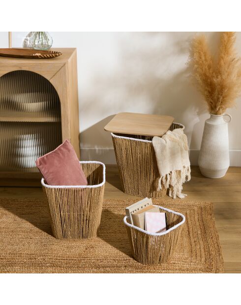 Lot de 3 table à café + 2paniers Banjo beige - 37 x 37 x 40 cm