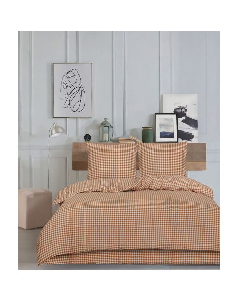 Housse de couette avec une taie d'oreiller Vichy mocca en coton imprimé - 140x200 cm