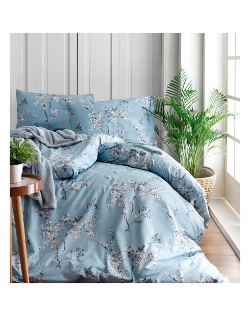 Parure housse de couette avec 2 taies d'oreiller en coton imprimé bleue