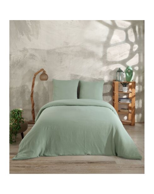 Parure housse de couette avec 2 taies d'oreiller gaze de coton céladon