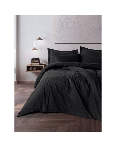 Parure housse de couette avec 2 taies d'oreiller coton uni jacquard noire