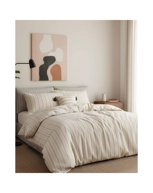 Parure housse de couette avec 2 taies d'oreiller coton lavé tisse teint écrue