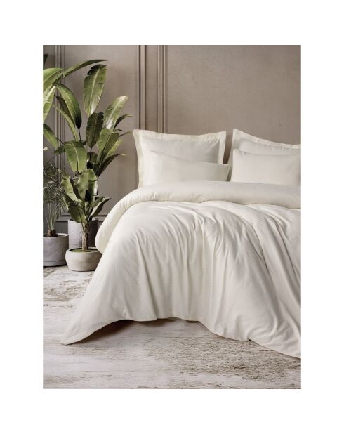 Parure housse de couette avec 2 taies d'oreiller coton uni jacquard crème