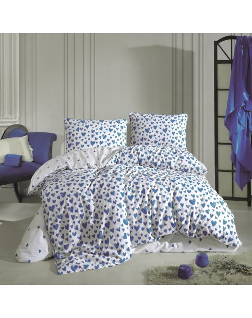Parure de lit avec une taie d'oreiller en coton imprimé Amour Bleu - 140x200 cm