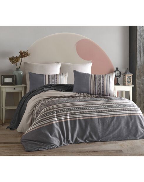 Parure housse de couette avec 2 taies d'oreiller en coton imprimé grise