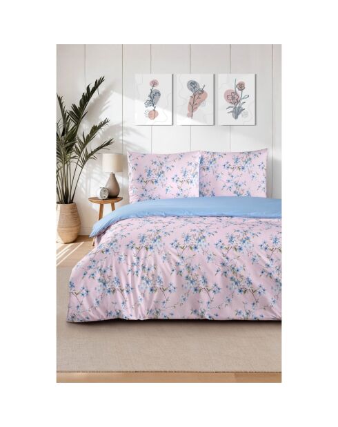 Parure housse de couette avec 2 taies d'oreiller en coton imprimé rose