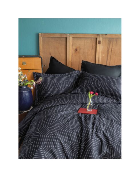 Parure housse de couette avec 2 taies d'oreiller en coton imprimé noire - 240x220 cm