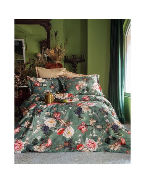 Parure housse de couette avec 2 taies d'oreiller en coton imprimé verte