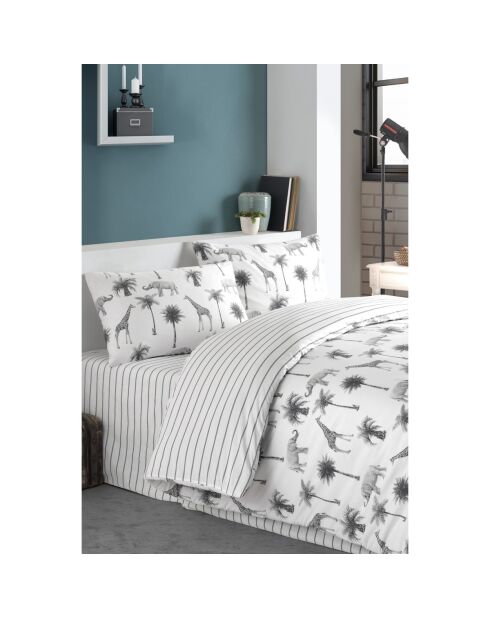 Parure housse de couette avec 2 taies d'oreiller en coton imprimé gris/blanc