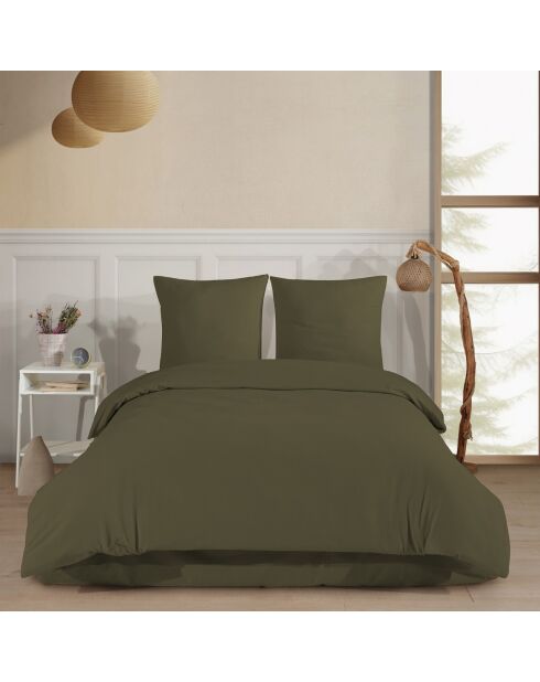 Parure de lit avec 2 taies d'oreiller Flanelle de coton kaki - 200x200 cm