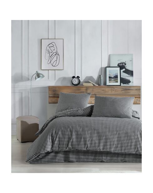Housse de couette avec 2 taies d'oreiller en coton imprimé Vichy noire