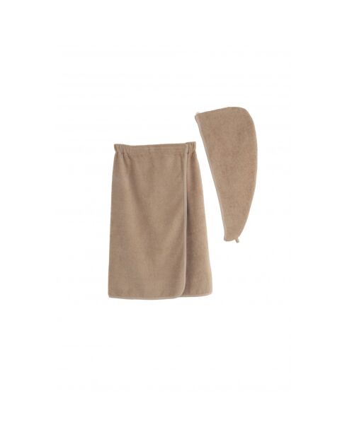 Set pareo e asciugamano per capelli in cotone beige - 70x145 cm