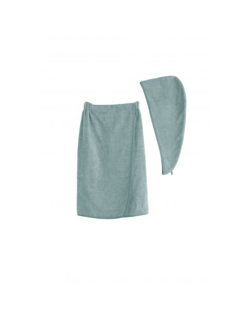 Set Paréo et serviette à cheveux en coton vert céladon - 70x145 cm