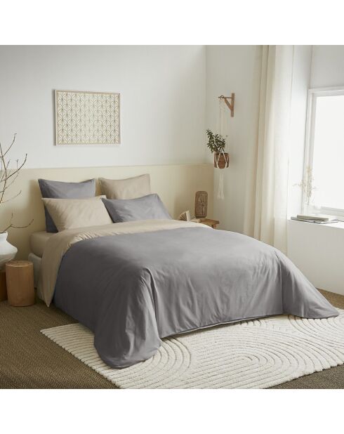 Juego de funda nórdica, sábana bajera ajustable y fundas de almohada, color topo y lino, para cama de 140 x 190 cm