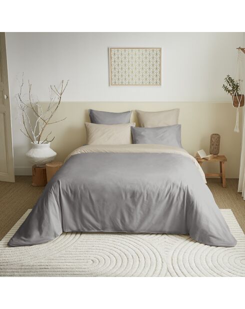 Juego de funda nórdica, sábana bajera ajustable y fundas de almohada, color topo y lino, para cama de 140 x 190 cm