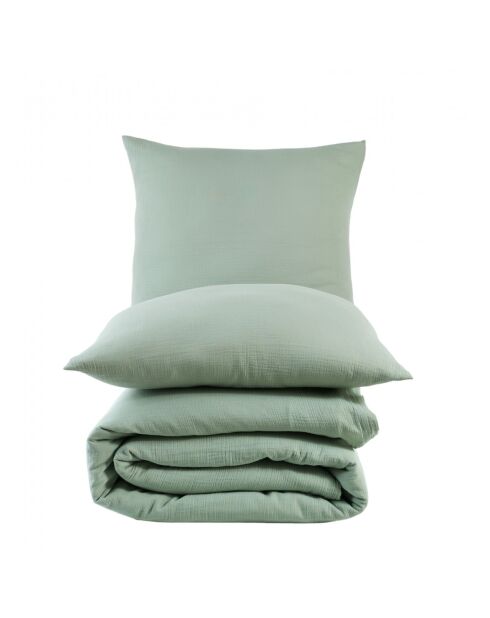 Parure housse de couette avec 2 taies d'oreiller gaze de coton céladon