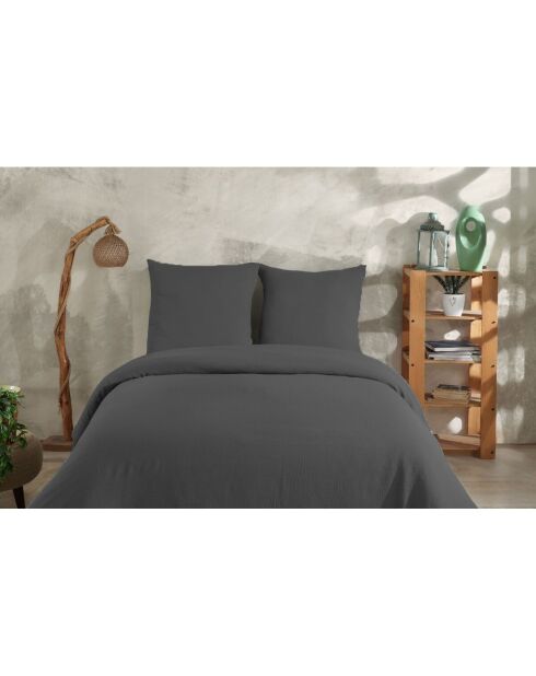 Parure housse de couette avec 2 taies d'oreiller gaze de coton gris anthracite