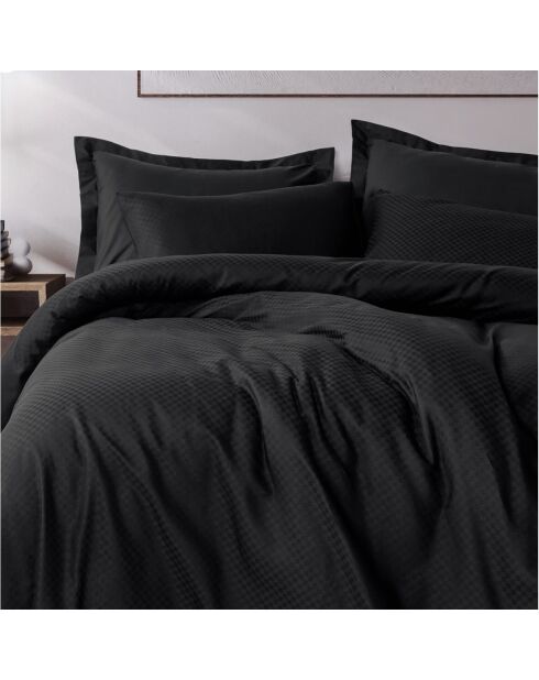 Parure housse de couette avec 2 taies d'oreiller coton uni jacquard noire