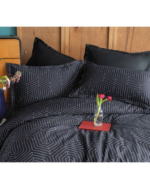 Parure housse de couette avec 2 taies d'oreiller en coton imprimé noire - 240x220 cm