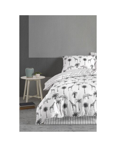 Juego de funda de edredón de algodón estampado en gris y blanco con 2 fundas de almohada