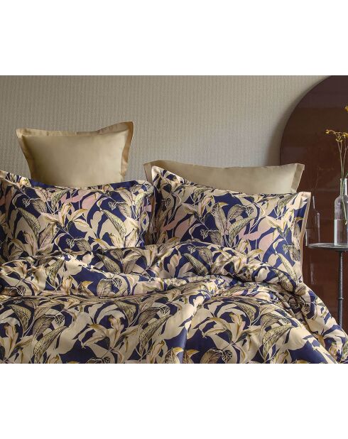 Parure housse de couette avec 2 taies d'oreiller en coton imprimé bleu/beige