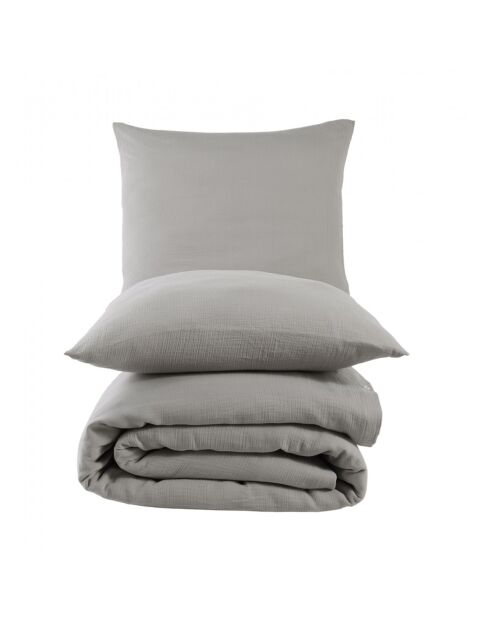 Parure housse de couette avec 2 taies d'oreiller gaze de coton grise